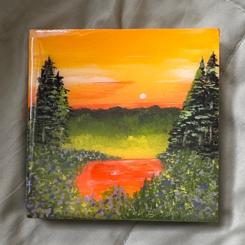 Original Signed Acrylic Sunset Landscape Painting 5x5 Wood JENNIFER A LOCKETTE